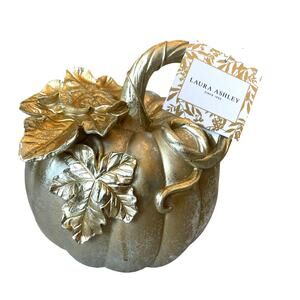 Laura Ashley Metallic PUMPKIN With 3D Gold Silver Leaf Detail 8" Fall Decor NEW